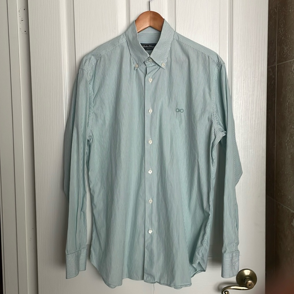 Salvatore Ferragamo, Mint Green and White Striped Dress Shirt